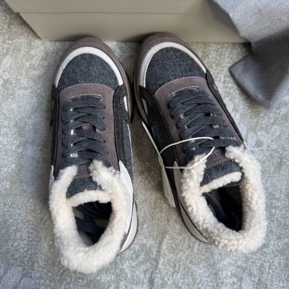 Brunello Cucinelli Fur-Lined Suede And Wool Sneakers - Picture 12 of 13